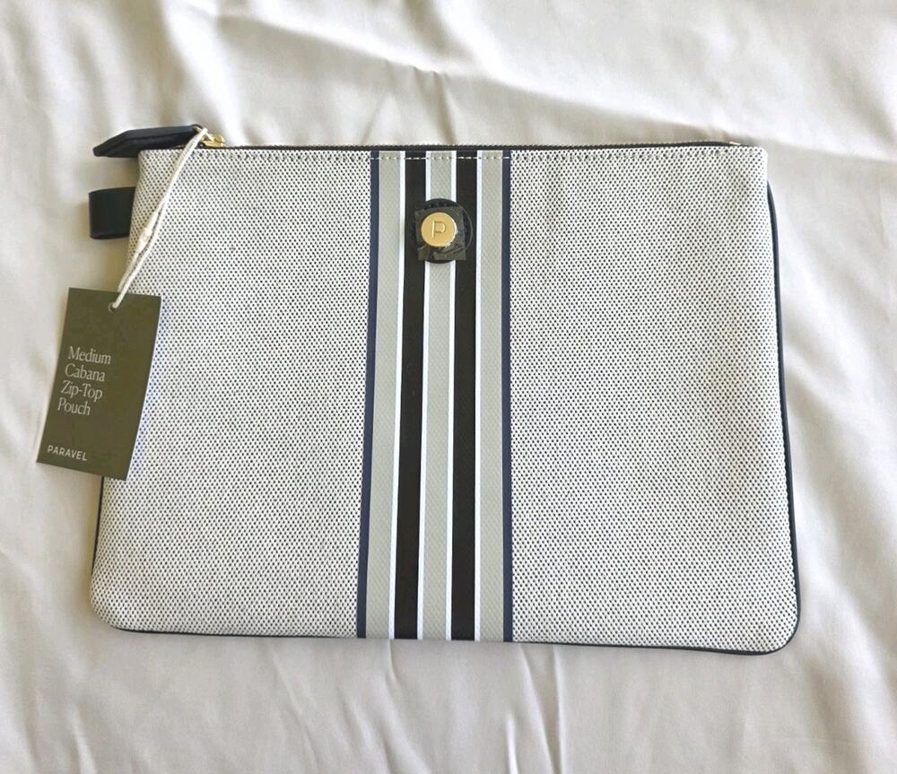 Paravel Medium Cabana Zip Top Canvas Pouch New With Tags Striped Pattern Upcycle